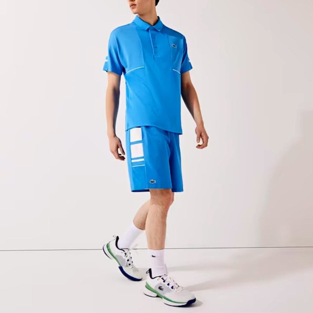 Lacoste Sport Men's Shorts Large 5 Blue Printed Side Bands Sustainable GH0876NWT - Picture 5 of 9
